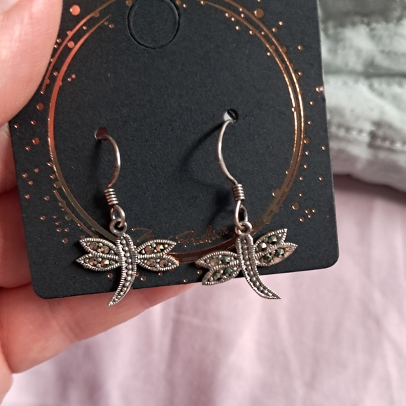 Marcella NYC Jewelry - Vintage Marcasite Sterling Silver Hallmarked Dragonfly drop earrings Marcella MC